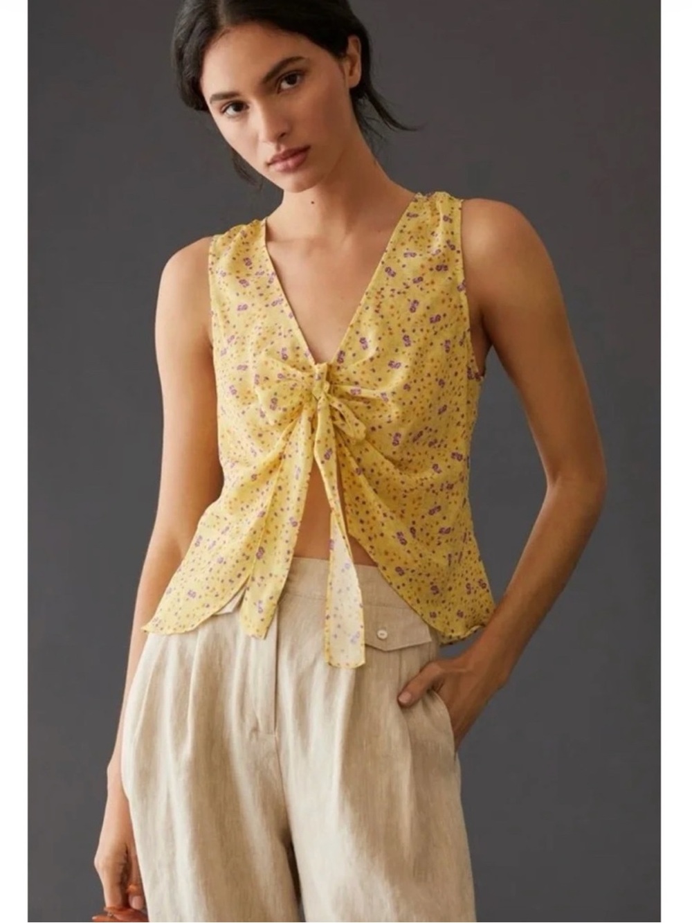Favorite Daughter Gwen Tie Front Silk Blouse in Meadow Yellow Medium